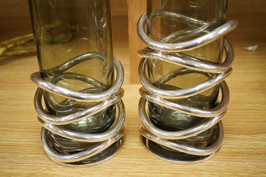 Two Modernist Christofle silver plate mounted glass vases, largest 32cm high. Condition - good